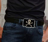 Antique Gold Skull and Crossbones Belt Buckle Gothic Victorian Inspired Inlaid in Black Enamel with Silver Splash Custom Colors Available