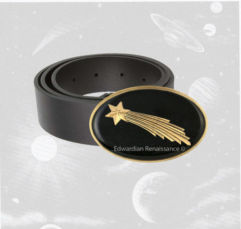 Shooting Star Belt Buckle Inlaid in Hand Painted Glossy Black Onyx Enamel Art Deco Celstial Design Inspired Available in Other Colors