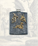 Battling Dragons Flask Inlaid in Hand Painted Silver Swirl Design Game of Thrones Inspired Personalize Engraving and Color Options