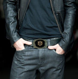 Golden Dragons Crest Belt Buckle Inlaid in Hand Painted Black Onyx Enamel Medieval Style with Color Options