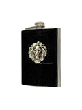Antique Gold Lion Head Flask Inlaid in Hand Painted Silver Metallic Enamel Neoclassic Leo 8oz Flask with Personalized and Color Option