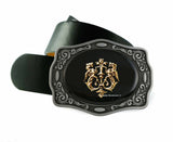 Golden Dragons Crest Belt Buckle Inlaid in Hand Painted Black Onyx Enamel Medieval Style with Color Options
