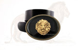 Lion Head Belt Buckle Inlaid in Hand Painted Metallic Gold Enamel Neoclassic Zodiac Leo Inspired Burnished Gold Buckle with Color Options