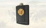 Antique Gold Lion Head Flask Inlaid in Hand Painted Metallic Black Enamel Neoclassic Leo 8oz Flask with Personalized and Color Option