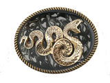 Snake Belt Buckle Inlaid in Hand Painted Glossy Enamel Black Ink Swirl Design Neo Victorian Inspired Oval Silver Buckle with Color Options