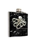 Antique Silver Octopus Flask Inlaid in Hand Painted Black Enamel with Silver Splash Nautical Design with Personalized and Color Options
