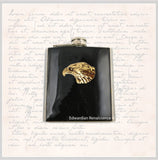 Antique Gold Eagle Head Flask in Hand Painted Glossy Black Enamel Vintage Style with Custom Engraving and Color Options Available
