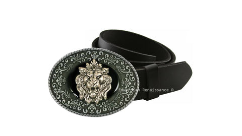 Gothic Lion Belt Buckle Inlaid in Hand Painted Black Onyx Enamel Medieval Lion Head Brocade Etchings Design with Color Options
