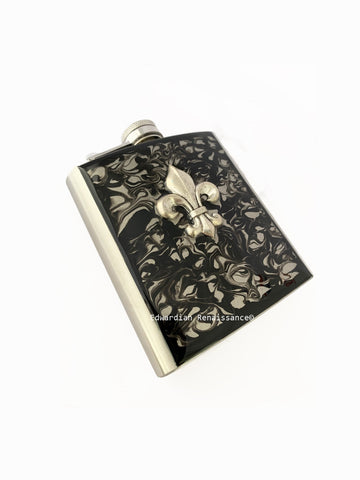 Fleur de Lis Flask in Hand Painted Black Enamel Ink Swirl Design Heraldic Inspired Flask Custom Colors and Personalized Options