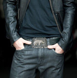 Large Rhino Belt Buckle inlaid in Hand Painted Silver Swirl Enamel Neo Victorian Safari Rhinoceros Ornate Buckle with Assorted Color Options