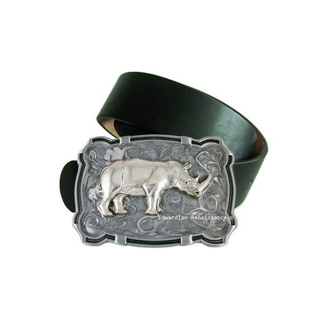 Large Rhino Belt Buckle inlaid in Hand Painted Silver Swirl Enamel Neo Victorian Safari Rhinoceros Ornate Buckle with Assorted Color Options