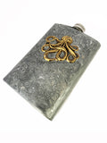 Antique Silver Octopus Flask in Hand Painted Gold Swirl Enamel Neo Victorian Nautical Kraken 8oz Hip Flask Personalize and Color Options