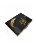 Moon and Star Cigarette Case Inlaid in Hand Painted Glossy Black with Silver Splash Enamel CelestialDesign Personalized and Color Options