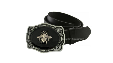 Silver Bee Belt Buckle Inlaid in Hand Painted Glossy Black Onyx Enamel Art Deco Insect