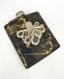 Antique Silver Octopus Flask Neo Victorian Kraken in Hand Painted Black with Gold Swirl Enamel with Custom Engraving and Color Options