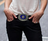 Medusa Medallion Belt Buckle Inlaid in Hand Painted Black Onyx Enamel Greek Key with Ancient Coin Inspired Color Assortment Options
