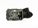 Skull and Crossbones Belt Buckle Inlaid in Hand Painted Black Ink Enamel Gothic Design with Color and Belt Strap Options