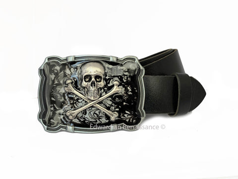 Skull and Crossbones Belt Buckle Inlaid in Hand Painted Black Ink Enamel Gothic Design with Color and Belt Strap Options
