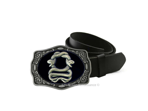 Snake Belt Buckle Inlaid Hand Painted Glossy Black Onyx Enamel Ornate Gothic Victorian Serpent Buckle with Color Options