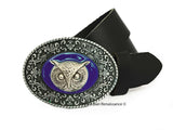 Owl Belt Buckle Inlaid in Hand Painted Cobalt Blue Enamel with Intricate Brocade Etchings Vintage Style Custom Color Option Available