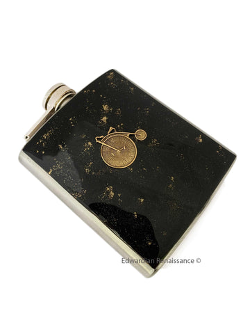Bicycle Flask in Hand Painted Black with Gold Splash Enamel Vintage Style Big Wheel Bike with Personalize and Color Options