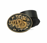 Snake Belt Buckle Inlaid in Hand Painted Glossy Enamel Black Ink Swirl Design Neo Victorian Inspired Oval Gold Buckle with Color Options