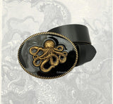 Octopus Belt Buckle Inlaid in Hand Painted Glossy Black Enamel Neo Victorian Nautical Inspired Burnished Gold Buckle with Color Options