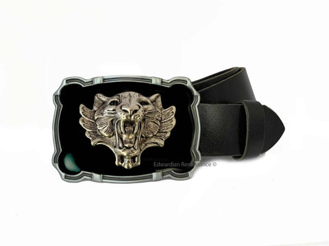 Tiger Belt Buckle Inlaid in Hand Painted Black Enamel Art Nouveau Wildcat Inspired with Color Options