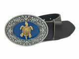 Sea Turtle Belt Buckle Inlaid in Hand Painted Glossy Green Enamel Art Deco Resort Style Metal Buckle with Color Options