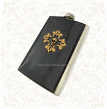 Antique Gold Cross with Skull Flask Inlaid in Hand Painted Black Metallic Enamel 8oz Hip Flask Personalizeand Color Options
