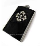 Antique Gold Cross with Skull Flask Inlaid in Hand Painted Black Metallic Enamel 8oz Hip Flask Personalizeand Color Options