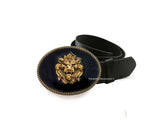 Medieval Lion Belt Buckle Inlaid in Hand Painted Glossy Black Enamel Ornate Vintage Inspired Burnished Gold Buckle with Color Options