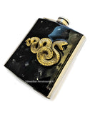 Antique Gold Serpent Flask Inlaid in Hand Painted Black Enamel with Silver Slash Design Gothic Victorian Personalized and Colors Available