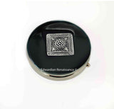 Art Deco Pill Box Inlaid in Hand Painted Black Enamel Geometric Medallion Pill Case with Personalized and Custom Colors Available