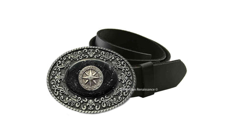 Compass Medallion Belt Buckle Inlaid in Hand Painted Glossy Black with Silver Splash Enamel Nautical Inspired with Color Options Available