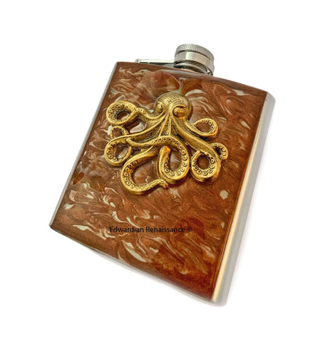 Antique Gold Octopus Flask Inlaid in Hand Painted Copper Swirl Design Neo Victorian Kraken Custom Colors and Personalized Option