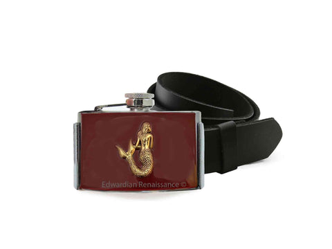 Mermaid Flask Belt Buckle Inlaid in Hand Painted Ox Blood Enamel Nautical Siren Inspired with Personalized and Color Options