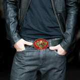 Lion Belt Buckle Inlaid in Hand Painted Glossy Black Enamel Neoclassic Leo Vintage Style with Assorted Color Options