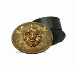 Lion Head Belt Buckle Inlaid in Hand Painted Metallic Gold Enamel Neoclassic Zodiac Leo Inspired Burnished Gold Buckle with Color Options
