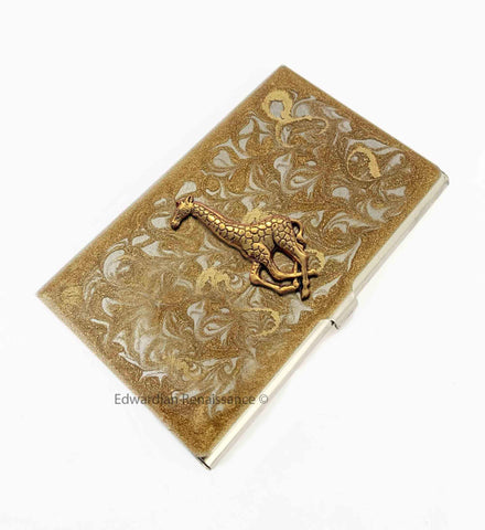 Giraffe Business Card Case inlaid in Hand Painted Gold Swirl Enamel Neo Victorian Safari Design Personalized and Color Options
