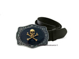 Antique Gold Skull and Crossbones Belt Buckle Inlaid in Hand Painted Glossy Black Onyx Enamel Gothic Victorian Inspired with Color Options