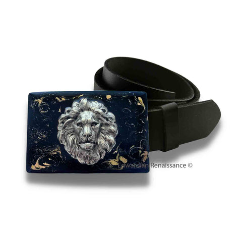 Antique Silver Lions Head Belt Buckle Inlaid in Hand Painted Black Enamel with Gold Swirl Design Neo Victorian Leo with Color Options