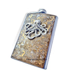 Antique Silver Octopus Flask in Hand Painted Gold Swirl Enamel Neo Victorian Nautical Kraken 8oz Hip Flask Personalize and Color Options
