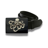 Octopus Belt Buckle Inlaid in Hand Painted Black Enamel Kraken Nautical Fantasy Inspired Rectangle Buckle with Color Options