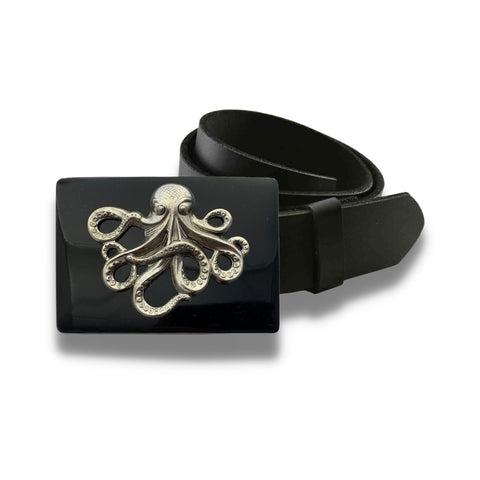Octopus Belt Buckle Inlaid in Hand Painted Black Enamel Kraken Nautical Fantasy Inspired Rectangle Buckle with Color Options