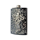 Antique Silver Octopus Flask Inlaid in Hand Painted Black with Gold Swirl Design Enamel Neo Victorian Kraken Personalized and Color Options