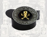 Skull and Cross Bones Belt Buckle Inlaid in Black Onyx Enamel Brocade Etchings Oval Buckle Custom Colors Available