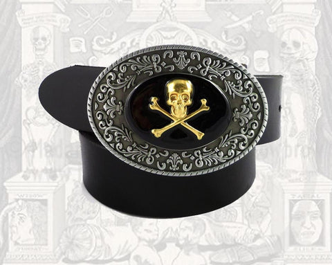 Skull and Cross Bones Belt Buckle Inlaid in Black Onyx Enamel Brocade Etchings Oval Buckle Custom Colors Available