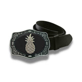 Pineapple Belt Buckle Inlaid in Hand Painted Glossy Enamel Black Antique Silver Art Deco Tropical Fruit Metal Buckle with Color Options
