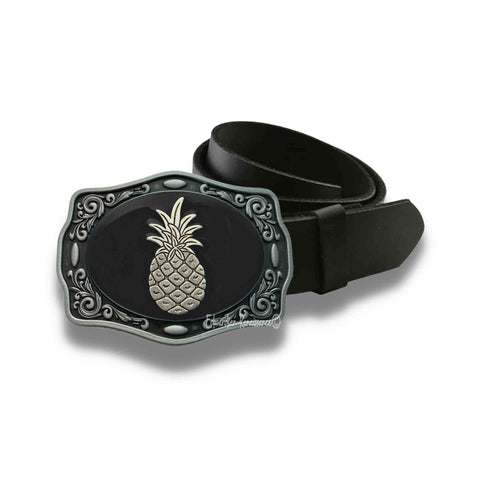 Pineapple Belt Buckle Inlaid in Hand Painted Glossy Enamel Black Antique Silver Art Deco Tropical Fruit Metal Buckle with Color Options